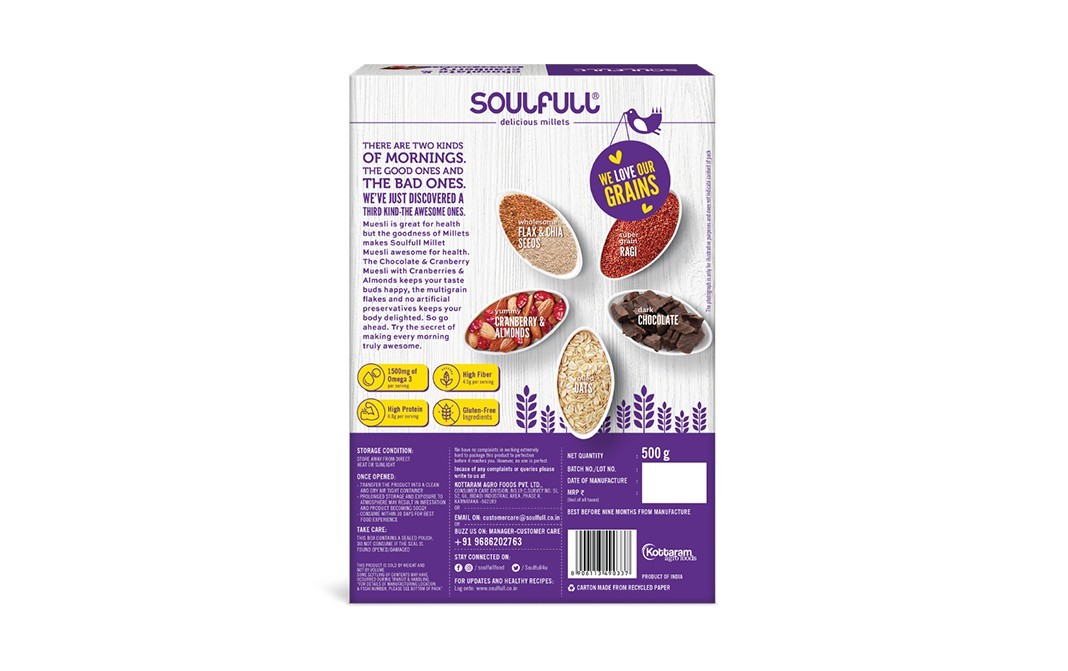 Soulfull Chocolate & Cranberry Millet Muesli Almond, Seeds & Cranberry Dark Chocolate   Box  500 grams